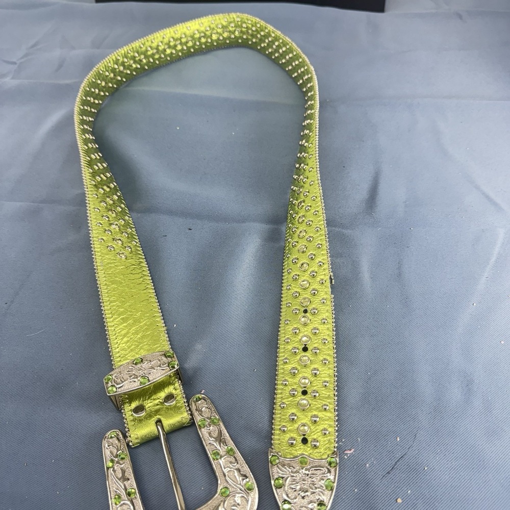 Women's Genuine Leather Western Belt With Rhinestones With Buckle 41" Green